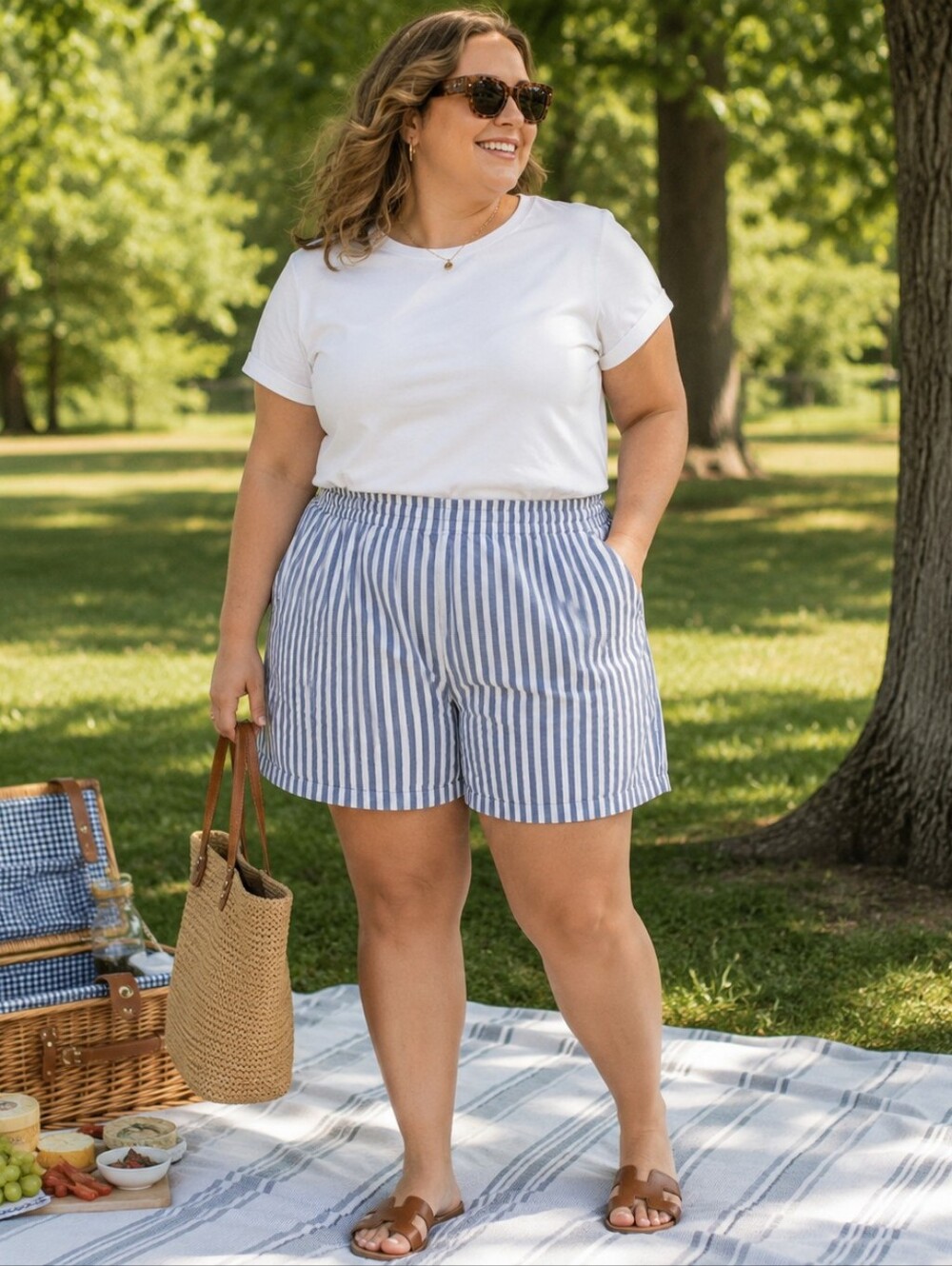 Lands' End Mid-rise Pull-on Shorts in Blue & White Stripe Coastal Women's 18W